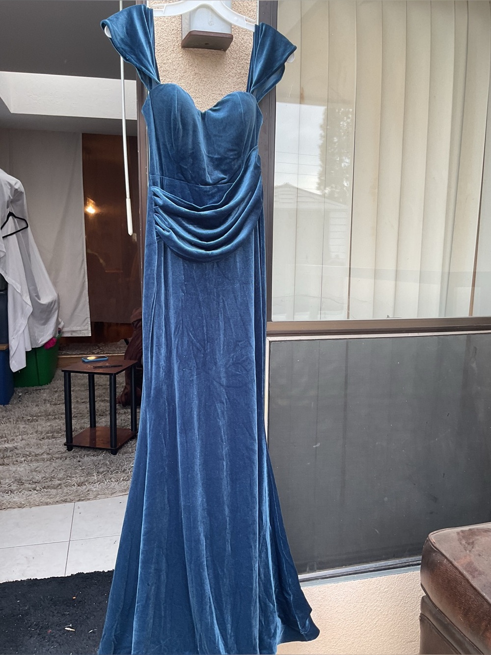 Fashion Nova Teal Blue Velvet Maxi Dress with Draped Bodice